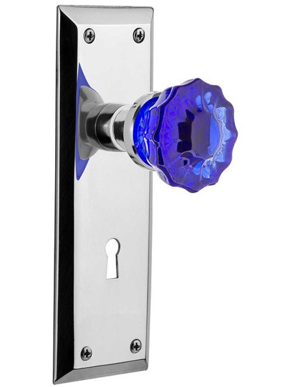 New York Door Set with Keyhole and Colored Fluted Crystal Glass Knobs Cobalt Blue in Polished Chrome.